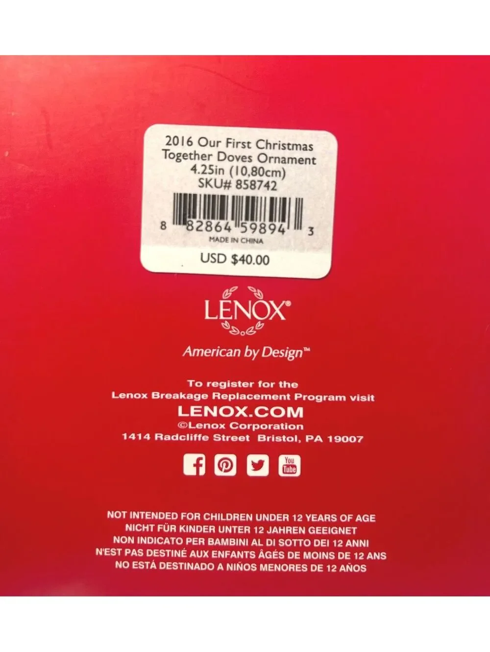 Lenox Ornament Our First Christmas 2016, Original Box Porcelain Doves Heart